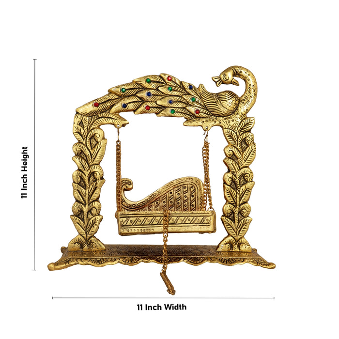 Jhula - 11 x 11 Inches | Gold Polish & Peacock Design Palana/ Aluminium Jhoola for Deity/ 810 Gms Approx - Jhulas & Unjal Items
