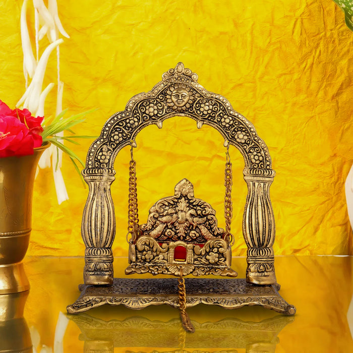 Jhula - 9 x 8 Inches | Gold Polish Palana/ Aluminium Jhoola for Deity/ 520 Gms Approx - Jhulas & Unjal Items