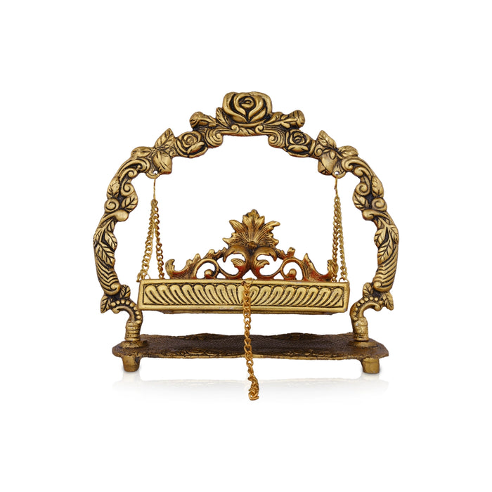 Jhula - 10 x 11 Inches | Gold Polish & Gulab Design Palana/ Aluminium Jhoola for Deity/ 815 Gms Approx - Jhulas & Unjal Items
