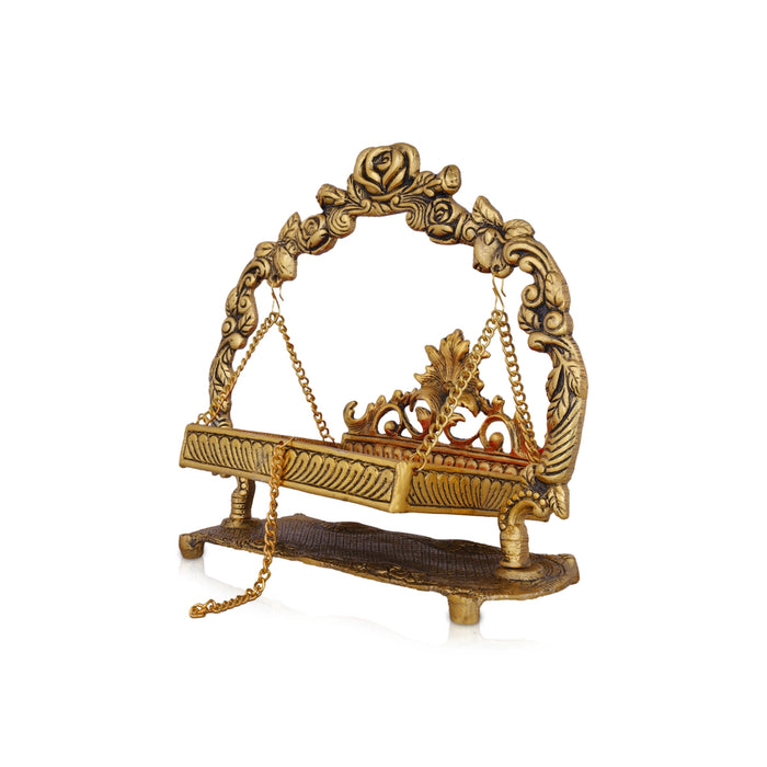 Jhula - 10 x 11 Inches | Gold Polish & Gulab Design Palana/ Aluminium Jhoola for Deity/ 815 Gms Approx - Jhulas & Unjal Items