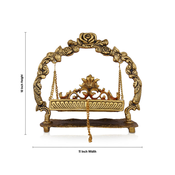 Jhula - 10 x 11 Inches | Gold Polish & Gulab Design Palana/ Aluminium Jhoola for Deity/ 815 Gms Approx - Jhulas & Unjal Items