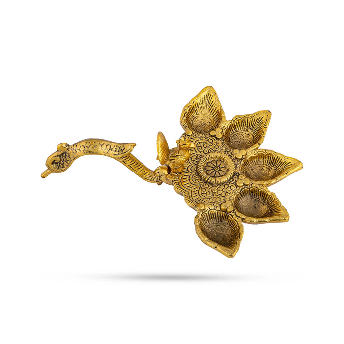 Panch Aarti Diya With Handle - 2.5 x 8 Inches | Metal 5 Face Diya/ Gold Polish Panch Mukhi Diya for Pooja - Kapur Aarti