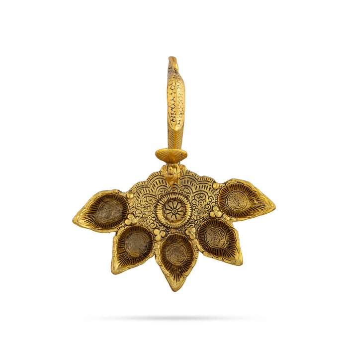 Panch Aarti Diya With Handle - 2.5 x 8 Inches | Metal 5 Face Diya/ Gold Polish Panch Mukhi Diya for Pooja - Kapur Aarti