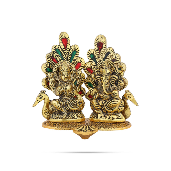 Lakshmi Ganesh Murti Sitting On Peacock Base With Deep - 5 x 5.5 Inches | Metal & Gold Polish Lamp for Home - Decorative Lamp