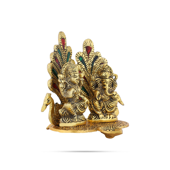 Lakshmi Ganesh Murti Sitting On Peacock Base With Deep - 5 x 5.5 Inches | Metal & Gold Polish Lamp for Home - Decorative Lamp