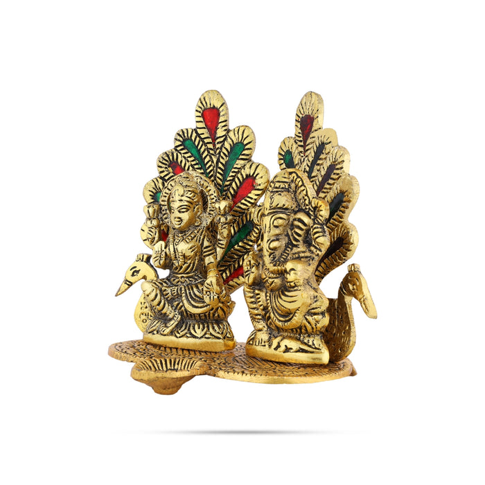 Lakshmi Ganesh Murti Sitting On Peacock Base With Deep - 5 x 5.5 Inches | Metal & Gold Polish Lamp for Home - Decorative Lamp