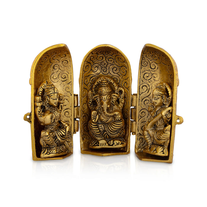 Laxmi Ganesh Saraswati Murti With Closing Type Box - 5 x 7 Inches | Metal & Gold Polish Laxmi Ganesh Saraswati Idol - Gold Polish Murties