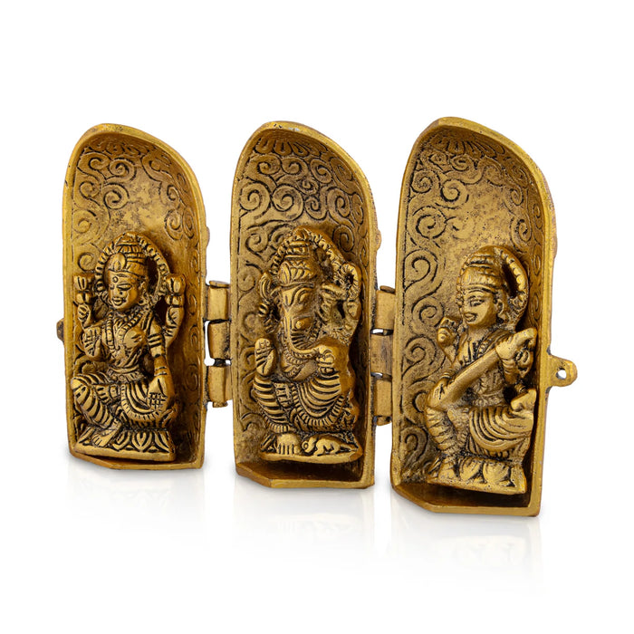 Laxmi Ganesh Saraswati Murti With Closing Type Box - 5 x 7 Inches | Metal & Gold Polish Laxmi Ganesh Saraswati Idol - Gold Polish Murties
