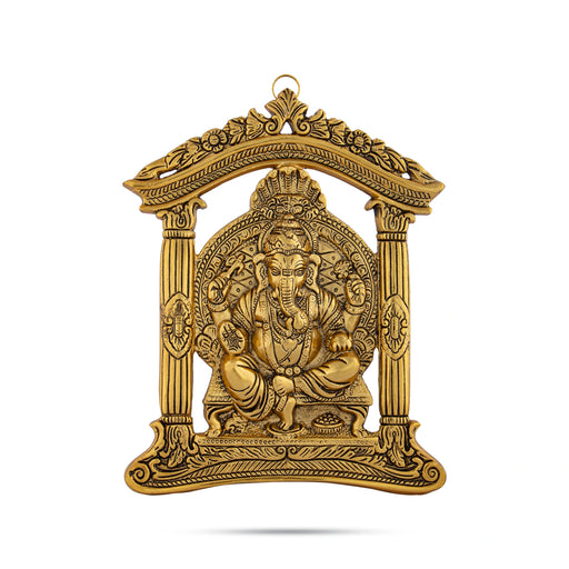 Ganesh Murti Sitting On Mandir Wall Hanging - 10.5 x 8.5 Inches | Metal & Gold Polish Ganpati Murti Wall Hanger for Home - Wall Hanging