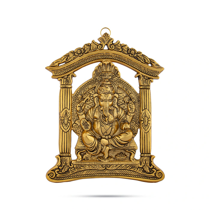 Ganesh Murti Sitting On Mandir Wall Hanging - 10.5 x 8.5 Inches | Metal & Gold Polish Ganpati Murti Wall Hanger for Home - Wall Hanging