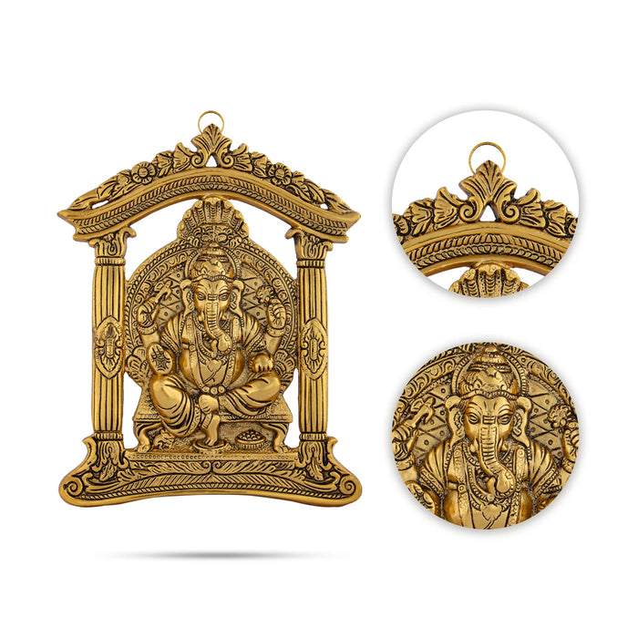 Ganesh Murti Sitting On Mandir Wall Hanging - 10.5 x 8.5 Inches | Metal & Gold Polish Ganpati Murti Wall Hanger for Home - Wall Hanging