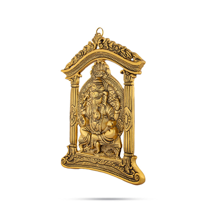 Ganesh Murti Sitting On Mandir Wall Hanging - 10.5 x 8.5 Inches | Metal & Gold Polish Ganpati Murti Wall Hanger for Home - Wall Hanging