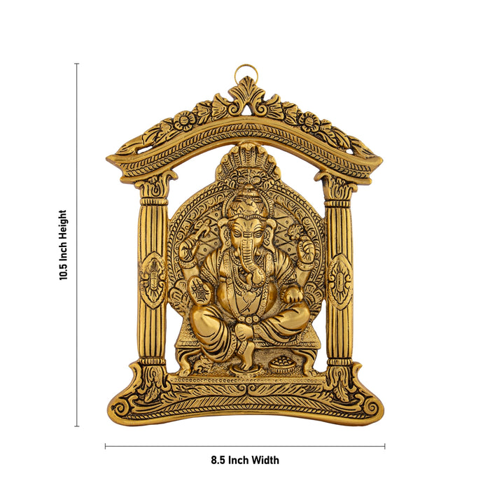 Ganesh Murti Sitting On Mandir Wall Hanging - 10.5 x 8.5 Inches | Metal & Gold Polish Ganpati Murti Wall Hanger for Home - Wall Hanging