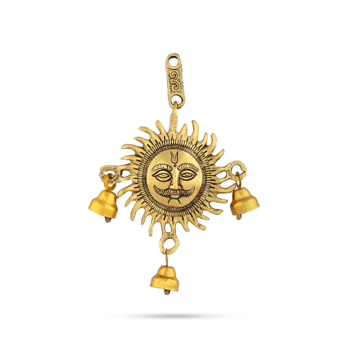 Sun Wall Hanging With Bell - 5.5 x 5 Inches | Metal Wall Decoration/ Gold Polish Sun Face Wall Hanger for Home - Wall Hanging
