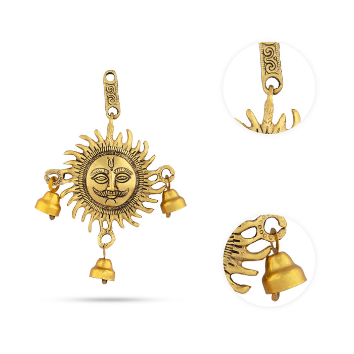 Sun Wall Hanging With Bell - 5.5 x 5 Inches | Metal Wall Decoration/ Gold Polish Sun Face Wall Hanger for Home - Wall Hanging