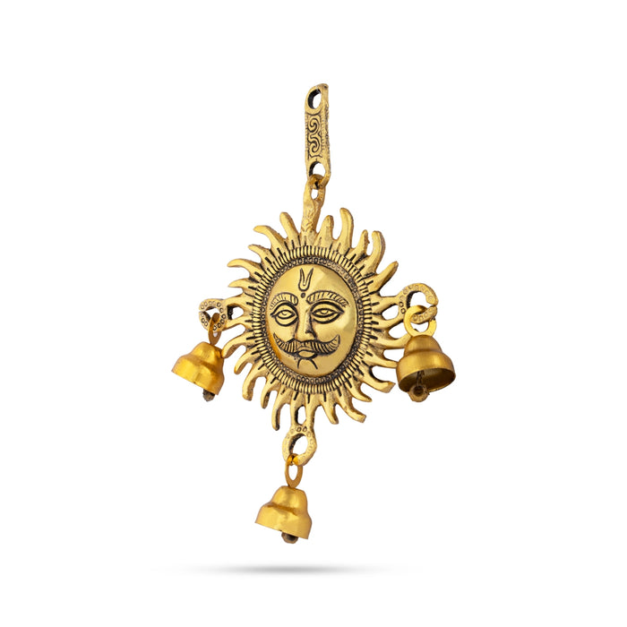 Sun Wall Hanging With Bell - 5.5 x 5 Inches | Metal Wall Decoration/ Gold Polish Sun Face Wall Hanger for Home - Wall Hanging