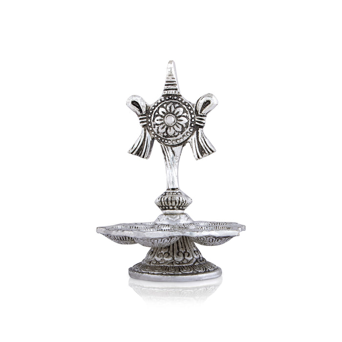5 Face Deepam With Base - 5.5 x 3.5 Inches | Metal Shanku Chakra Design Lamp/ Silver Polish Vilakku for Pooja - 5 Faced lamp