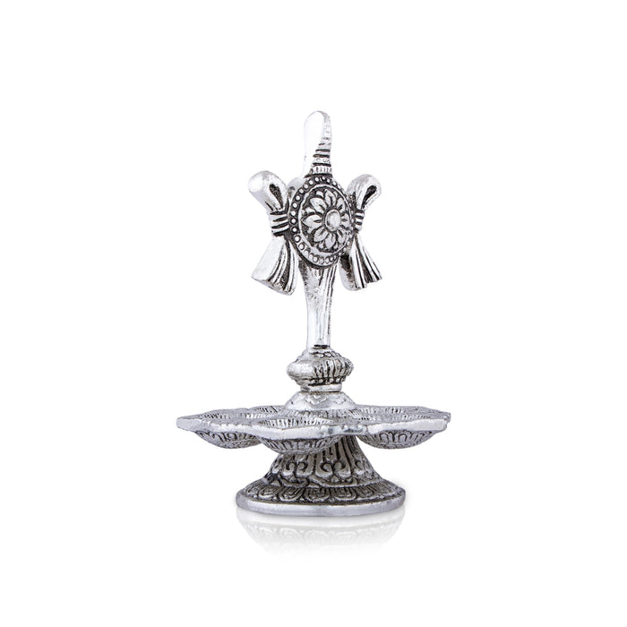 5 Face Deepam With Base - 5.5 x 3.5 Inches | Metal Shanku Chakra Design Lamp/ Silver Polish Vilakku for Pooja - 5 Faced lamp