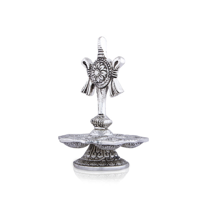 5 Face Deepam With Base - 5.5 x 3.5 Inches | Metal Shanku Chakra Design Lamp/ Silver Polish Vilakku for Pooja - 5 Faced lamp