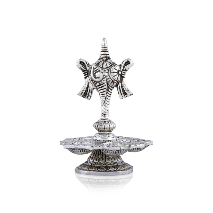 5 Face Deepam With Base - 5.5 x 3.5 Inches | Metal Shanku Chakra Design Lamp/ Silver Polish Vilakku for Pooja - 5 Faced lamp