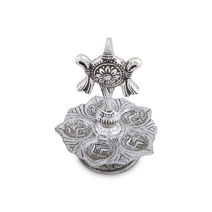 5 Face Deepam With Base - 5.5 x 3.5 Inches | Metal Shanku Chakra Design Lamp/ Silver Polish Vilakku for Pooja - 5 Faced lamp