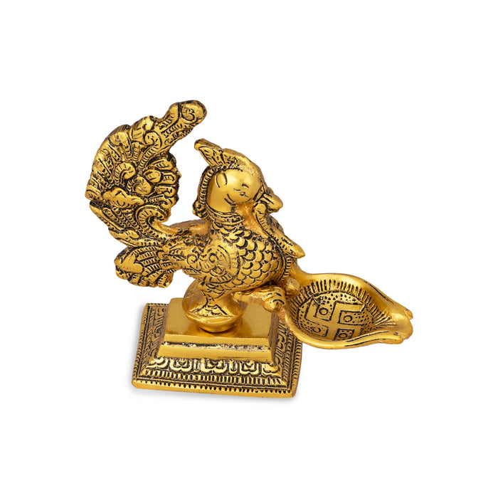Swan Holding With Deepam - 5.5 x 5 Inches | Aluminium Lamp/ Gold Polish Vilakku for Pooja - Decorative Lamp
