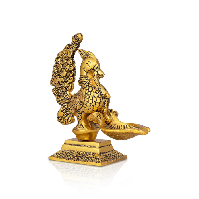 Swan Holding With Deepam - 5.5 x 5 Inches | Aluminium Lamp/ Gold Polish Vilakku for Pooja - Decorative Lamp