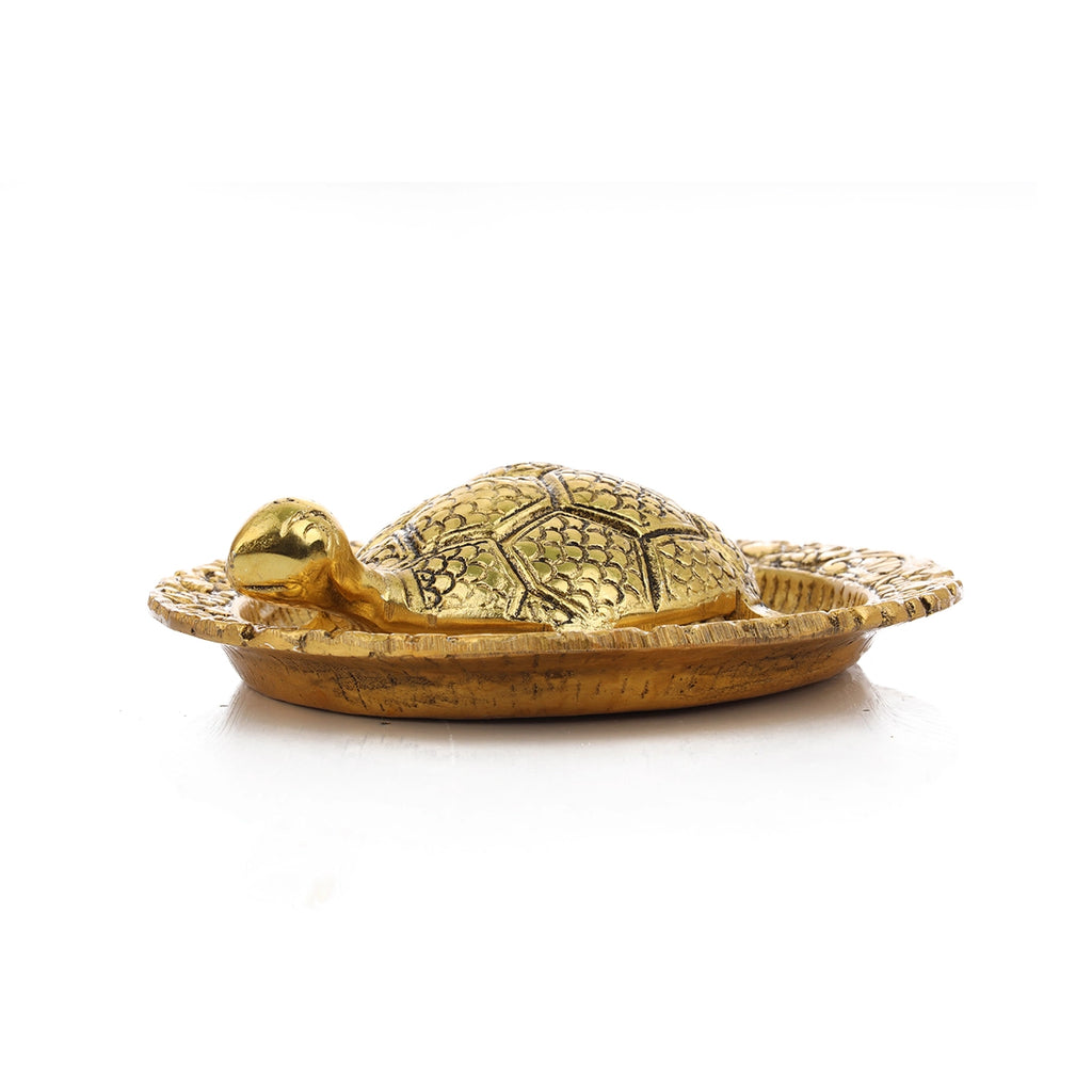 Tortoise Statue with Plate - 6 Inches | Gold Polish Feng Shui Turtle for Pooja