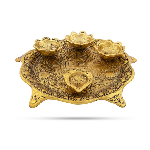 Pooja Thalli with 4 Deep - 1 x 7.5 inches | Golden Antique Polish 4 Lamp Thali Plate/ Diya Plate for Pooja - Pooja Plate & Tray