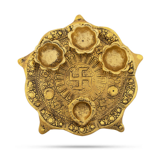 Pooja Thalli with 4 Deep - 1 x 7.5 inches | Golden Antique Polish 4 Lamp Thali Plate/ Diya Plate for Pooja - Pooja Plate & Tray