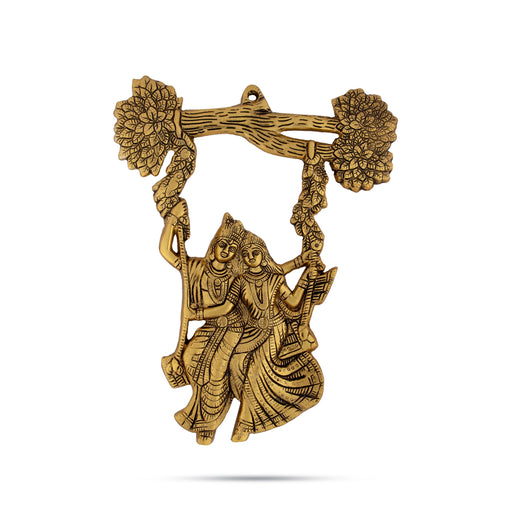 Metal Radha Krishna Murti Oonjal Wall Hanging - 11.5 x 9 Inches | Gold Antique Polish Radha Krishna With Tree - Wall Hanging