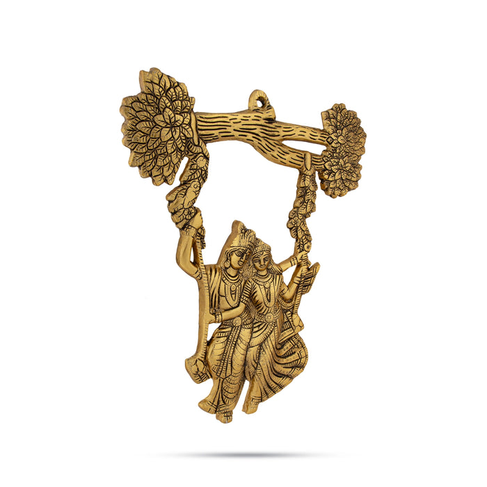 Metal Radha Krishna Murti Oonjal Wall Hanging - 11.5 x 9 Inches | Gold Antique Polish Radha Krishna With Tree - Wall Hanging