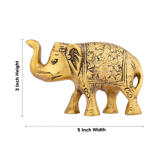 Elephant Statue - 3 x 5 Inches | Gold Polish Elephant Figurine/ Aluminium Elephant Sculpture for Home