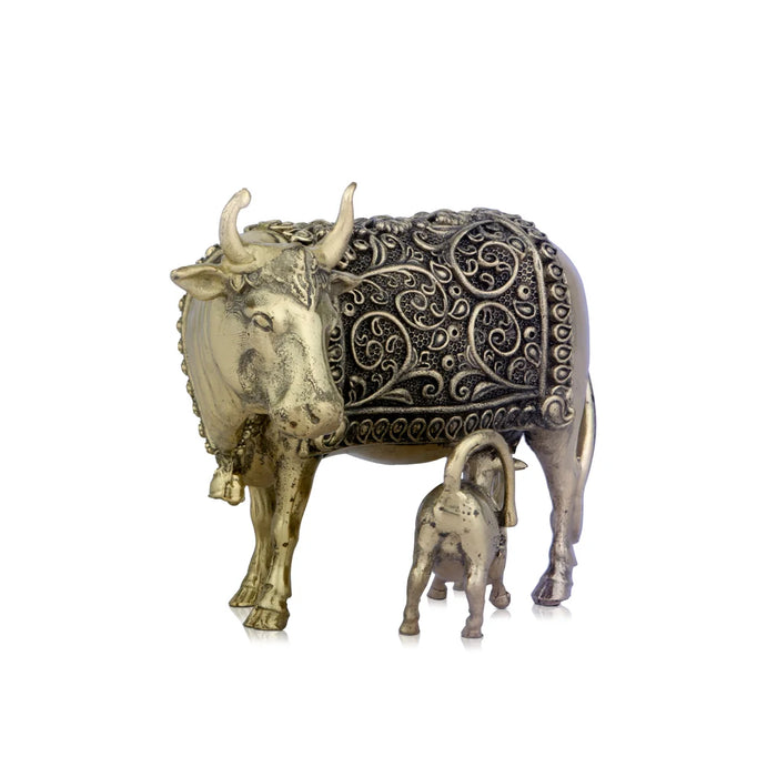 Cow and Calf Idol - 3 x 4 Inches | Brass Kamadhenu Statue/ Cow Calf Idol for Pooja/ 200 Gms Approx