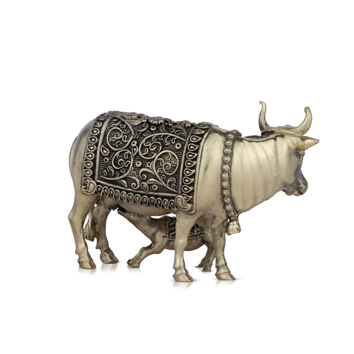 Cow and Calf Idol - 3 x 4 Inches | Brass Kamadhenu Statue/ Cow Calf Idol for Pooja/ 200 Gms Approx