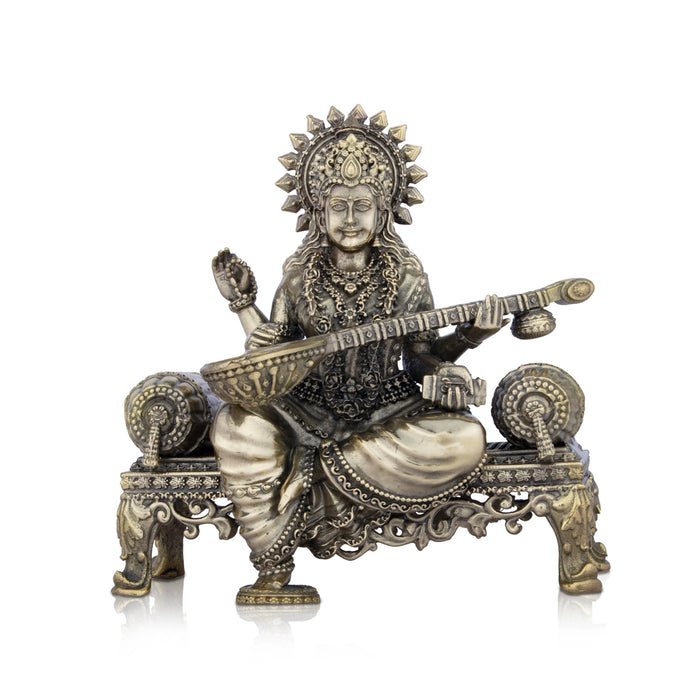 Saraswati Murti - 6 x 5.5 Inches | Saraswati Sitting On Sinhasan/ Brass Idol for Pooja/ 805 Gms Approx - Brass Murties