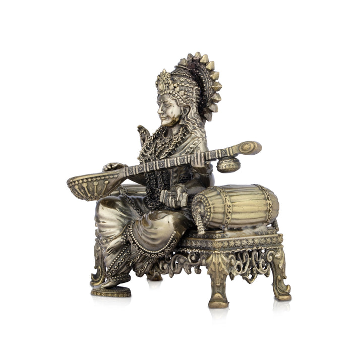 Saraswati Murti - 6 x 5.5 Inches | Saraswati Sitting On Sinhasan/ Brass Idol for Pooja/ 805 Gms Approx - Brass Murties