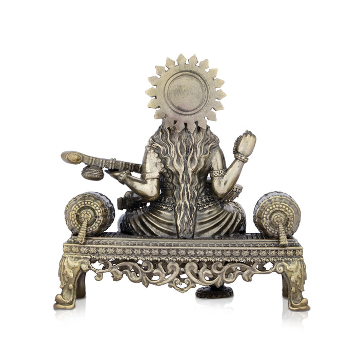 Saraswati Murti - 6 x 5.5 Inches | Saraswati Sitting On Sinhasan/ Brass Idol for Pooja/ 805 Gms Approx - Brass Murties