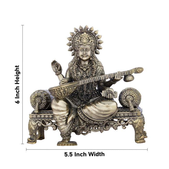 Saraswati Murti - 6 x 5.5 Inches | Saraswati Sitting On Sinhasan/ Brass Idol for Pooja/ 805 Gms Approx - Brass Murties
