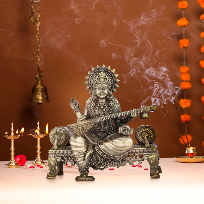 Saraswati Murti - 6 x 5.5 Inches | Saraswati Sitting On Sinhasan/ Brass Idol for Pooja/ 805 Gms Approx - Brass Murties