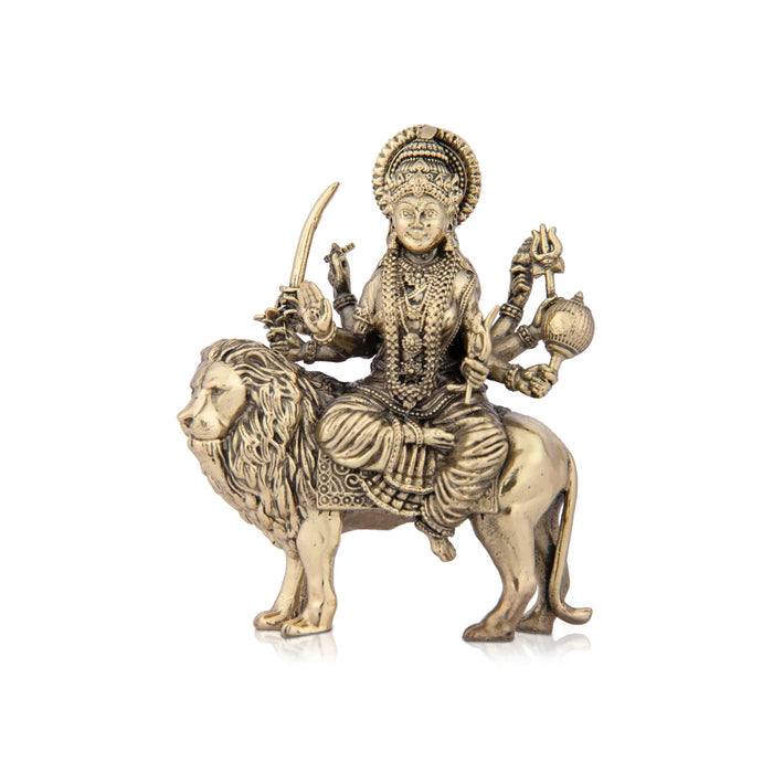 Durga Devi Statue Sitting on Lion - 4 x 3 Inches | Durga Maa Idol/ Brass Idol/ Durga Murti for Pooja/ 175 Gms Approx - Brass Murties