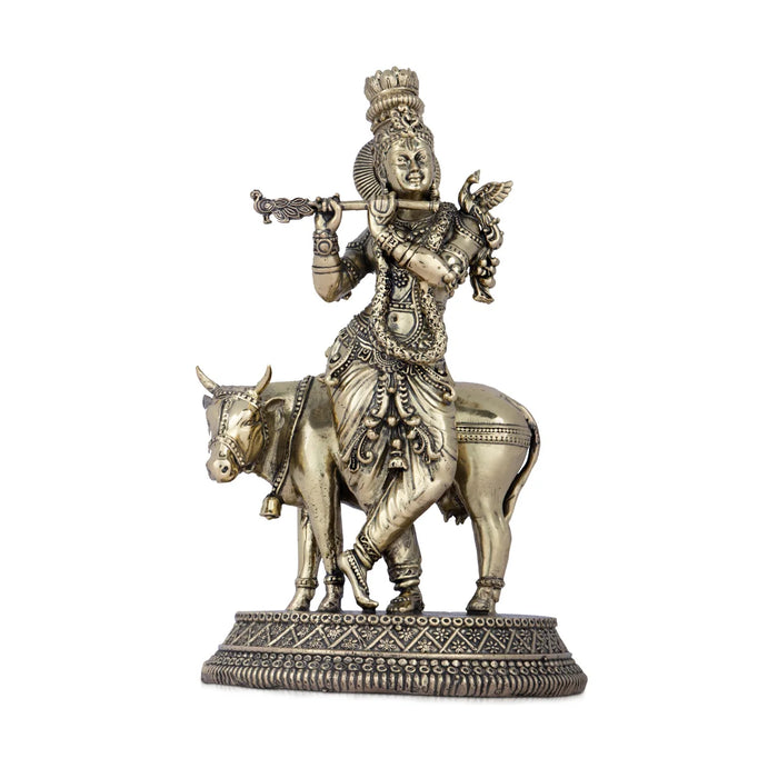 Krishna with Cow Statue - 5 x 4 Inches | Brass Idol/ Cow and Krishna statue for Pooja/ 510 Gms Approx