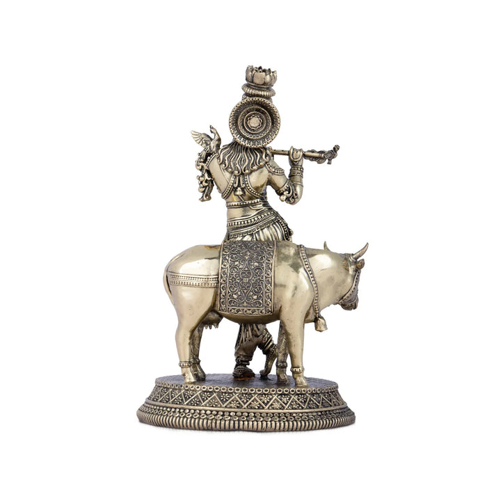 Krishna with Cow Statue - 5 x 4 Inches | Brass Idol/ Cow and Krishna statue for Pooja/ 510 Gms Approx