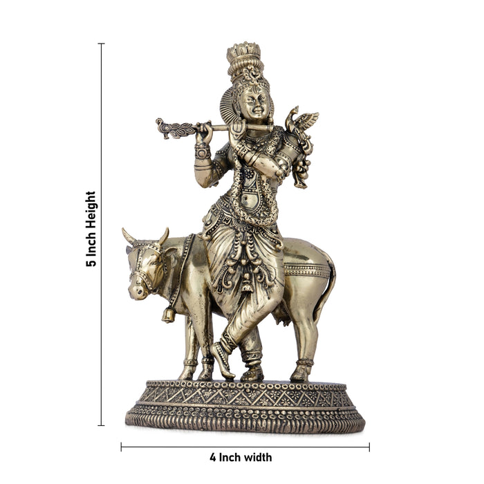 Krishna with Cow Statue - 5 x 4 Inches | Brass Idol/ Cow and Krishna statue for Pooja/ 510 Gms Approx - Brass Murties