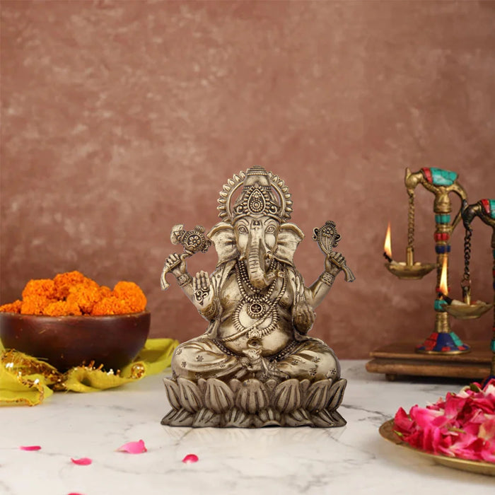 Ganesh Murti - 5 x 3.5 Inches | Brass Vinayaka Idol / Ganesh Statue Sitting On Lotus/ 415 Gms Approx