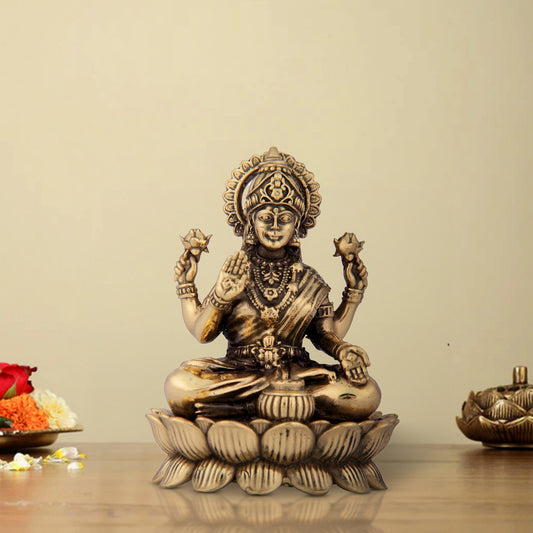 Laxmi Devi Statue - 4 x 2.75 Inches | Lakshmi Statue Sitting On Lotus/ Brass Idol/ Maha Laxmi Idol for Pooja/ 240 Gms Approx - Brass Murties