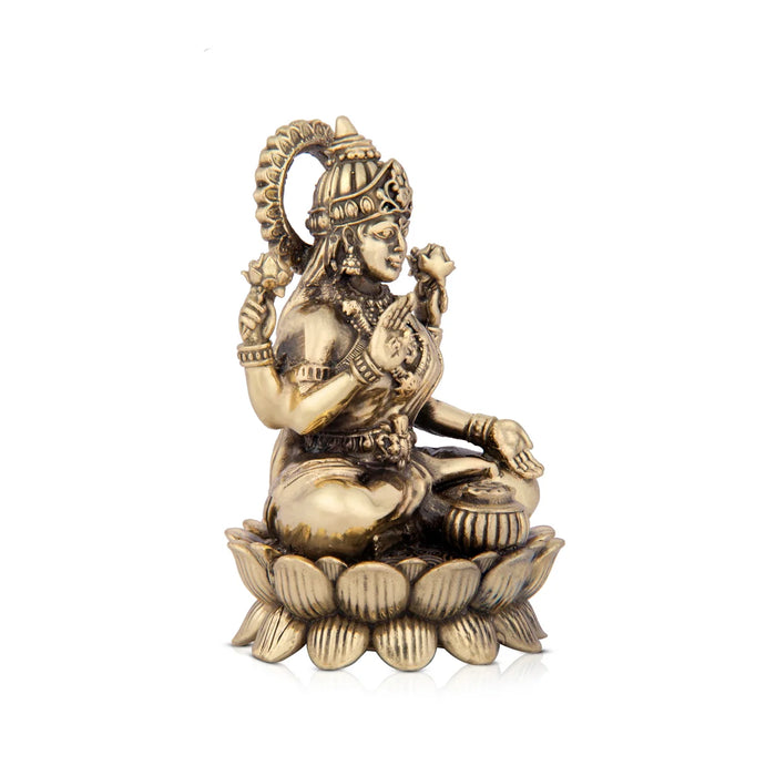 Laxmi Devi Statue - 4 x 2.75 Inches | Lakshmi Statue Sitting On Lotus/ Brass Idol/ Maha Laxmi Idol for Pooja/ 240 Gms Approx