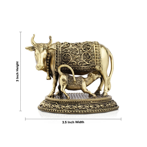Cow and Calf Idol - 3 x 3.5 Inches | Brass Kamadhenu Statue/ Cow Calf Statue for Pooja/ 210 Gms Approx - Table Stand Accessories