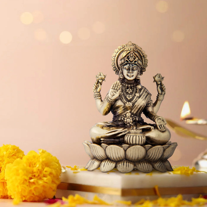 Laxmi Devi Statue - 5 x 3.75 Inches | Brass Idol/ Lakshmi Statue Sitting On Lotus/ 400 Gms Approx - Brass Murties
