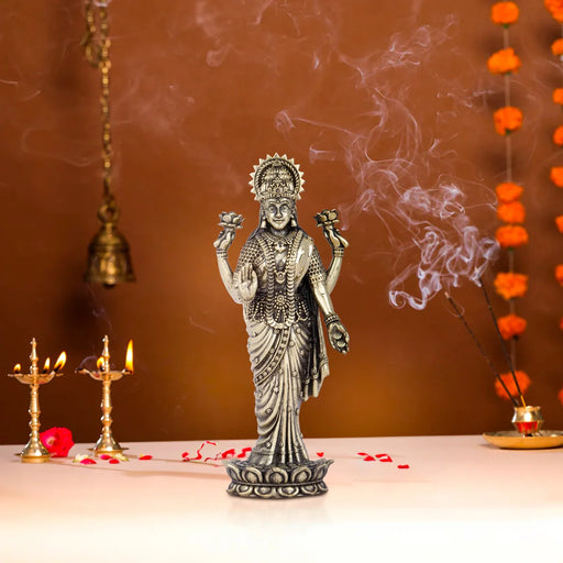 Laxmi Statue - 6 x 2.5 Inches | Lakshmi Statue Standing On Lotus/ Brass Idol for Pooja/ 195 Gms Approx - Brass Murties